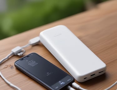 A black power bank, a small camera with a tripod, and a black multi-port charger are placed on a purple laptop sleeve on a dark surface.