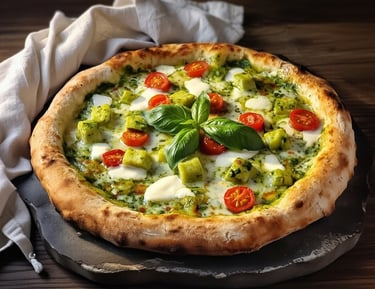 Gourmet pesto pizza topped with melted mozzarella cheese, fresh cherry tomatoes, and basil leaves on a stone board.