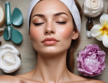 Essential oils and stones arranged on a table.
