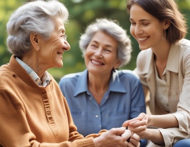 A caregiver and client enjoying a walk in a park.