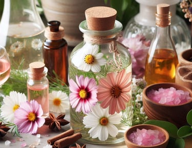 a glass jar with various flowers in a tonic