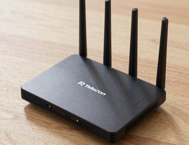 A white Wi-Fi router with two antennas positioned vertically. The router is seen from the back, showing ports and connectors including Ethernet ports, a power switch, and a power input. The device is placed on a dark surface against a light background.