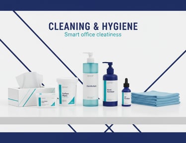 "مجموعة منتجات تنظيف ومستلزمات نظافة مكتبية تشمل مناديل، معقمات، مطهرات، ومناديل قماش ضمن قسم Cleani