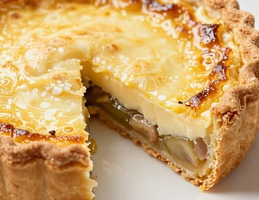 Elegant tart with savory toppings, garnished with fresh herbs on a minimalist white plate.