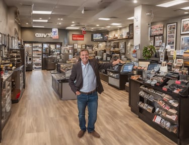 man in grey crew-neck t-shirt smiling to woman on counter