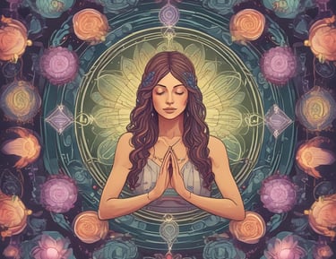 A group of people engaged in a spiritual or meditative practice, sitting in a row with hands raised in prayer or meditation gestures. The setting appears to be outdoors with a natural backdrop and metal fencing. The atmosphere is serene and focused.