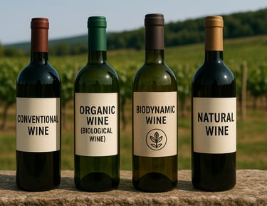three bottles of wine on a table in front of a vineyard