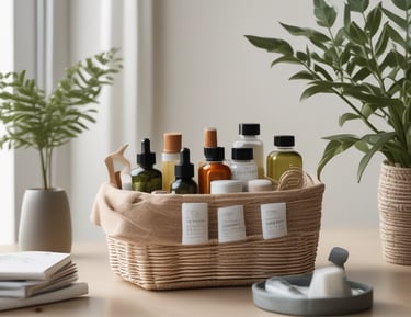 A selection of natural health products arranged neatly on a warm wooden shelf.