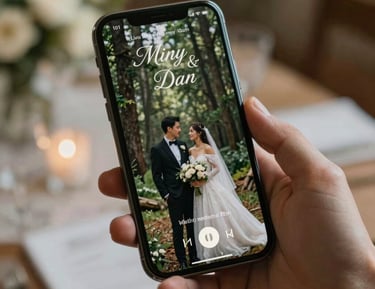 A digital invitation design displayed on a tablet, featuring elegant wedding motifs.