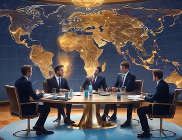 Diverse international partners shaking hands over a conference table.