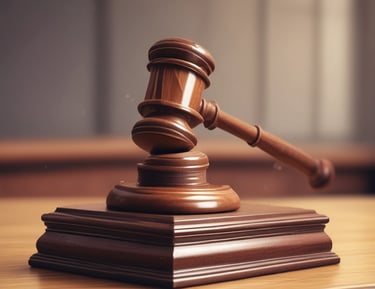 A courtroom interior showing judge's bench and seating.