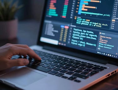 Close-up of hands coding algorithms on a laptop with data charts on screen that looks so technologyc