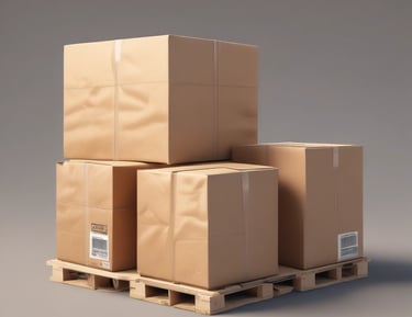 Warehouse workers organizing parcels with bright yellow and blue accents.