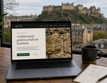 A laptop displaying a landscaping website for Cedar and Stone with Edinburgh Castle in the background.