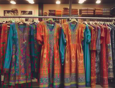 Traditional kurta pajamas and women's suits showcased on mannequins with vibrant fabrics.
