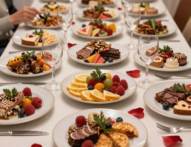 An intimate private gathering with artfully presented southern-inspired cuisine on cream and sage-green accented tables.