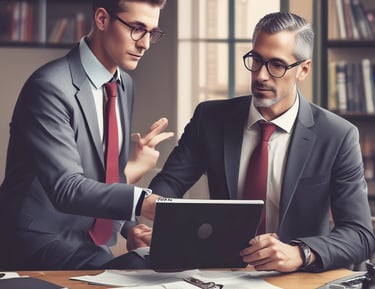 A small business owner discussing tax paperwork with a friendly advisor in a bright office.