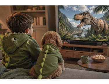 Boy & his dog wearing dinosaur hoodies watching tv, for our personalised dinosaur prints, cushions & bunting collection.