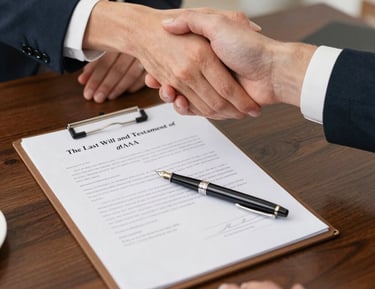 A client signing documents for will and trust services in a bright, welcoming room.
