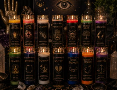A collection of lit colorful 7-day glass prayer candles with spiritual labels for spells and manifestation.
