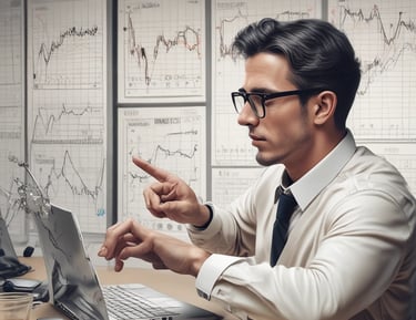 Colorful graphs and strategy notes spread out on a desk with a cup of coffee.
