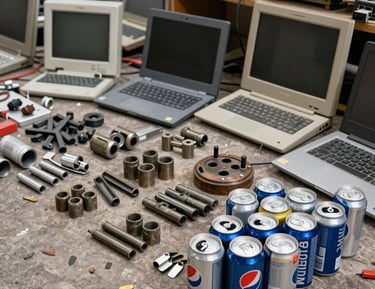 Materiais recicláveis: Latinhas de alumínio, objetos metálicos, computadores.