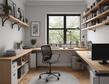 A handyman installing shelves on a bright living room wall.