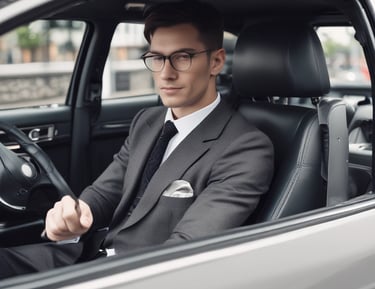 A confident driver standing beside a black luxury vehicle with the Chicago skyline in the background.