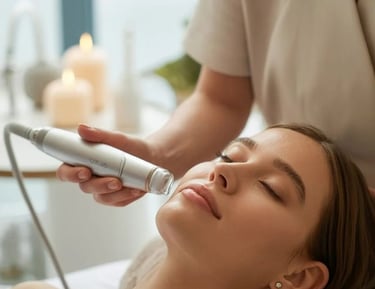 Professional esthetician performing a laser facial skin rejuvenation treatment on a relaxed woman at a spa.
