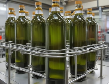 Olive trees with thick, gnarled trunks and a canopy of lush green leaves create a serene and picturesque landscape. Sunlight filters through the branches, casting dappled shadows on the ground, which is covered with small rocks and sparse grass.