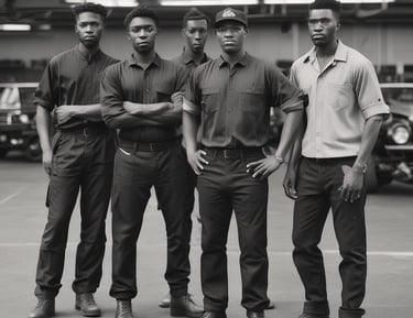 A group of seven men wearing matching blue work uniforms stands in front of a garage with signs denoting 'CAM STONE'S AUTOMOTIVE' and 'NAPA AutoCare Center.' Two white vans with signage promoting auto services are visible. The men appear to be staff members or mechanics.