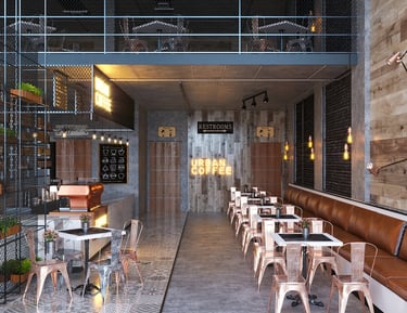 a restaurant with a long table and chairs