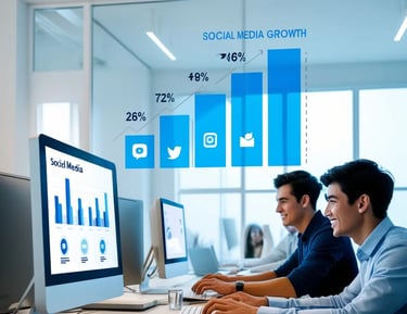 Dos hombres trabajando en una oficina moderna con gráficos de crecimiento de redes sociales en las pantallas de las computado