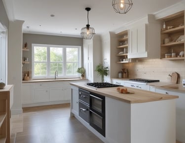 A red sign with white text reads 'God's Servants at Work', placed on a grassy area in front of a residential house. The background contains a ladder, some paint supplies, and garden tools leaning against a structure, suggesting ongoing house maintenance or renovation.