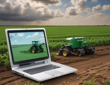 The image captures a close-up view of agricultural machinery, possibly a combine harvester or similar equipment, with sharp metal components aligned in parallel. The background features blurred greenery, hinting at a rural or farm setting.
