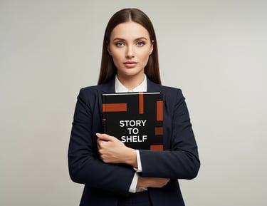 Executive holding a book with captivating cover design featuring 'Story to Shelf'