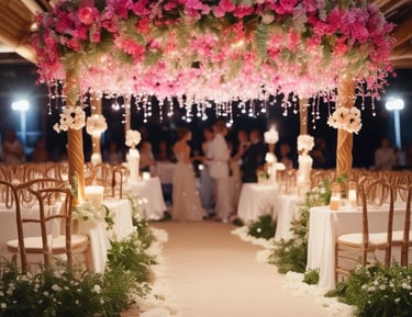 A setup of round tables and chairs covered in white cloth is arranged outdoors on a patch of green artificial turf. Multiple serving stations or buffet tables are positioned in the background under white tents. The setting is adjacent to a brick building.