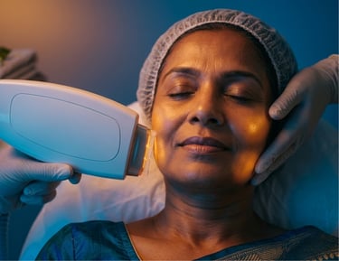 Professional laser skin treatment being performed on a woman's face at a medical spa.