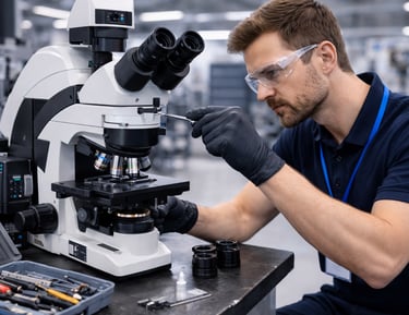 an engineer carrying out routine maintenance of a stereo optical microscope 