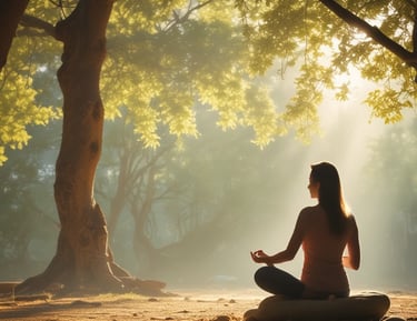 A well-organized room features a massage table covered with a white sheet and a folded towel at one end, situated on a decorative rug with intricate patterns. The wooden floor adds warmth to the ambiance. Against the far wall stands an ornately carved wooden cabinet displaying various items. There are two tall windows covered with bamboo shades allowing soft natural light to filter through. Several framed artworks hang on the adjacent wall. A small black stool is placed near the massage table.