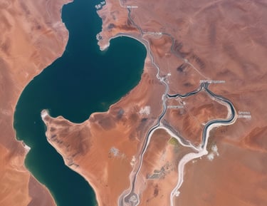 Aerial view of a large industrial mining operation with massive excavators cutting through layers of earth and rock. The landscape is marked by deep ridges and patterns created by machinery, with heaps of excavated material forming a stark contrast against the machinery's metal structures.