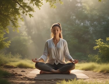 A serene setting featuring a small statue of a kneeling figure in front of a glowing ring with a delicate, illuminated branch inside. The setup is surrounded by various crystals and stones, creating a mystical atmosphere.