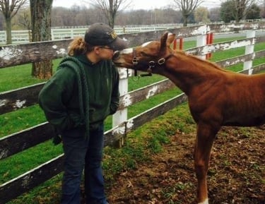 Erica Hayden kissing a horse in a field by a fence