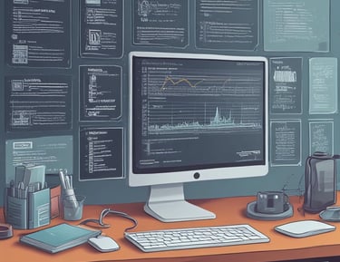 An abstract, pastel-colored, 3D-rendered representation of data analysis and search engine optimization (SEO). The image features a computer interface with various analytics symbols, including a magnifying glass, bar charts, pie charts, and a search bar with the text 'SEO'. Surrounding the interface are different objects such as a potted plant, a cup with a saucer, and a megaphone, all placed on a light green background.