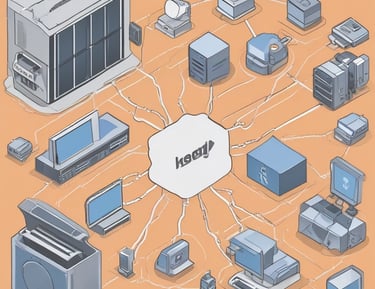 A digital rendering depicting a tall, metallic server rack positioned centrally on a platform. The server appears to have multiple blue-lit slots. Surrounding the rack, there are several stacks of cylindrical objects resembling databases or storage units, all set against a dark background.