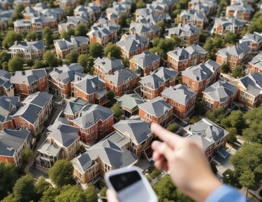 A residential building with a modern architectural design, featuring white walls and large windows. Trees with sparse foliage are in the foreground, and the scene is illuminated by warm, soft lighting, suggesting late afternoon or early evening.