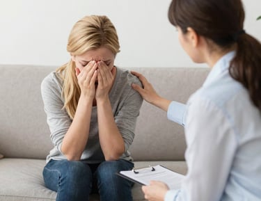 Uma paciente chorando e a psicóloga acolhendo e consolando durante uma crise de ansiedade