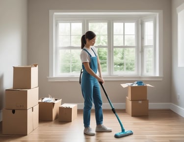 Stacks of clean towels and organized supplies ready for a move-in cleaning.