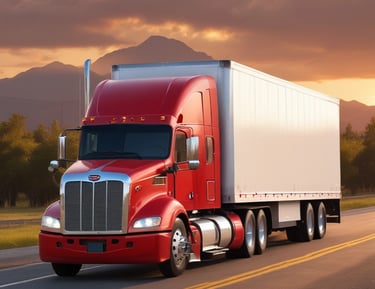 A semi tractor with a van trailer on the highway, representing long-distance moving across the lower 48 states.