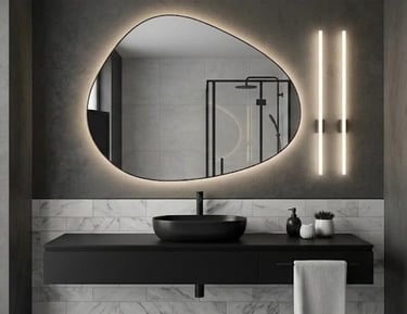 Miroir organique rétroéclairé dans une salle de bain noire.